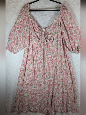 H&M Pink Floral Midi Dress with Puff Sleeves